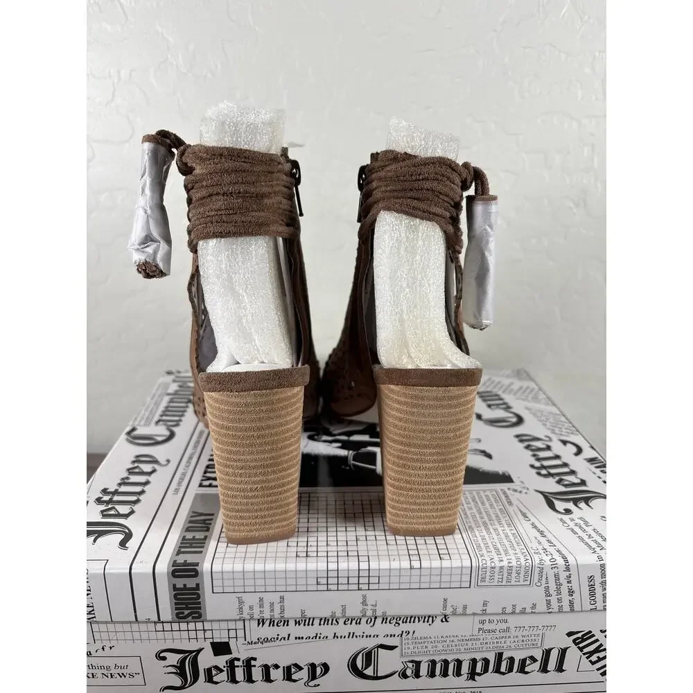 JEFFREY CAMPBELL Ottawa Taupe Suede Leather Shoes Block Heel Open Toe Bootie 8.5